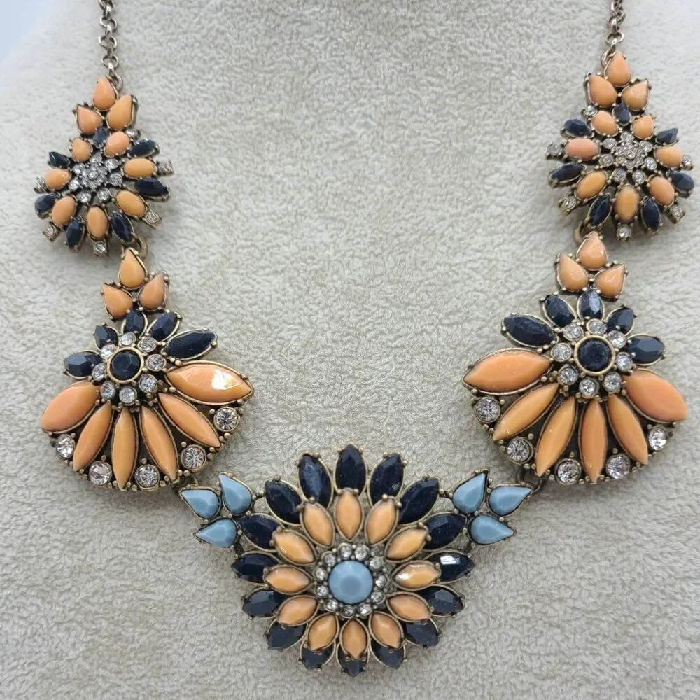 J Crew Vintage Blue Peach Resin FlowerNecklace